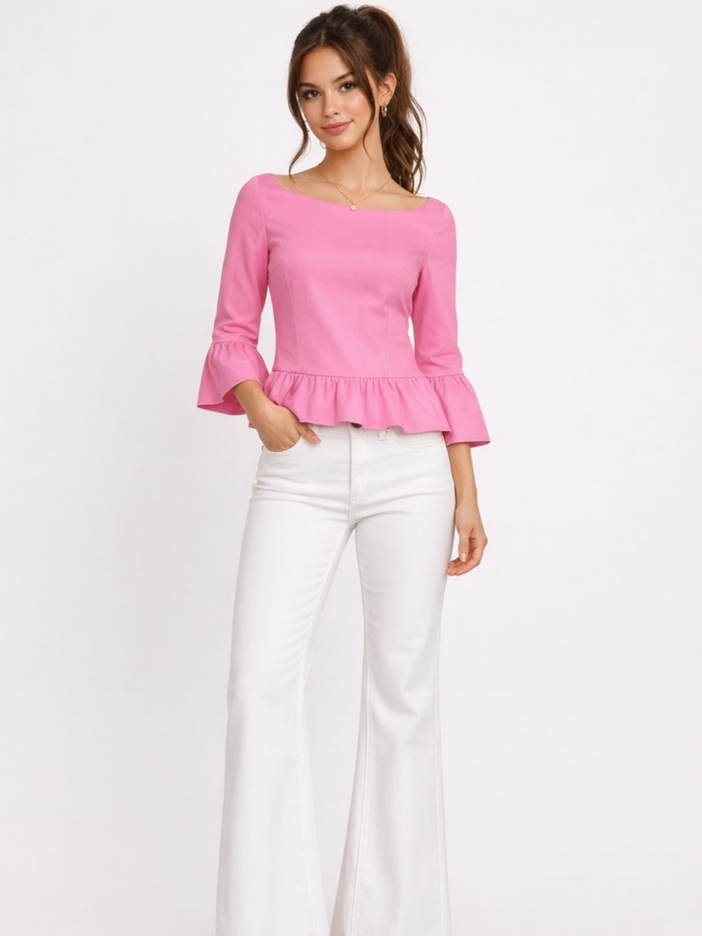 Bebe Top Womens Extra Small Pink Ruffle Trim Bell Sleeve‎ Y2K 2000's Barbiecore